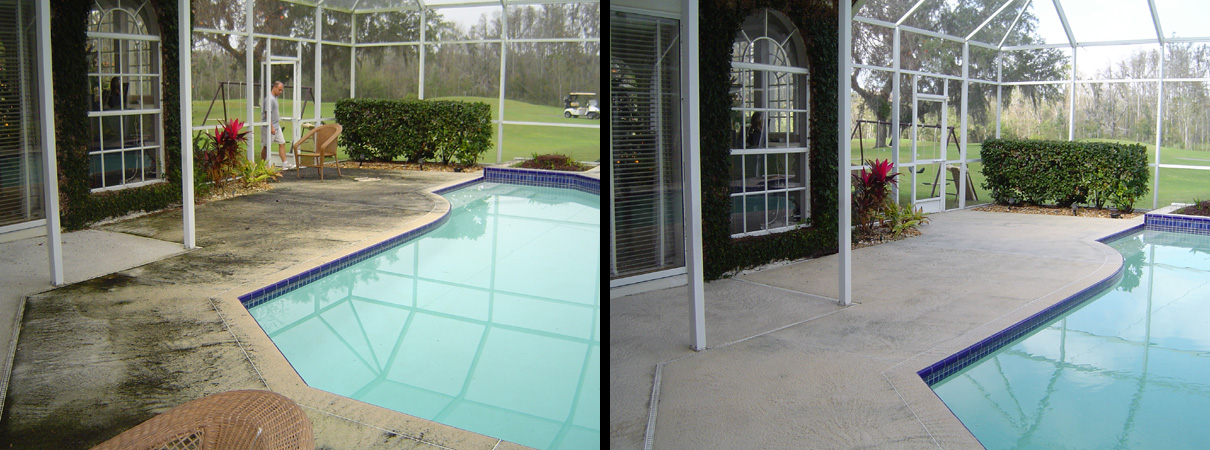 Picture showing pool deck after pressure washing.
